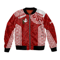 Red and white patterned rugby bomber jacket with front zip and ribbed trims