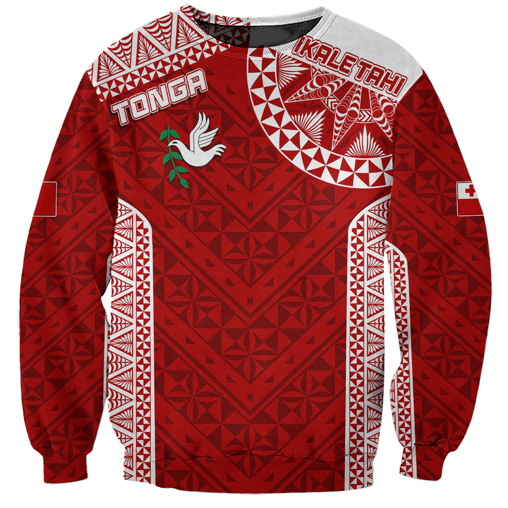 Red patterned rugby sweatshirt with chest logo and bold geometric design