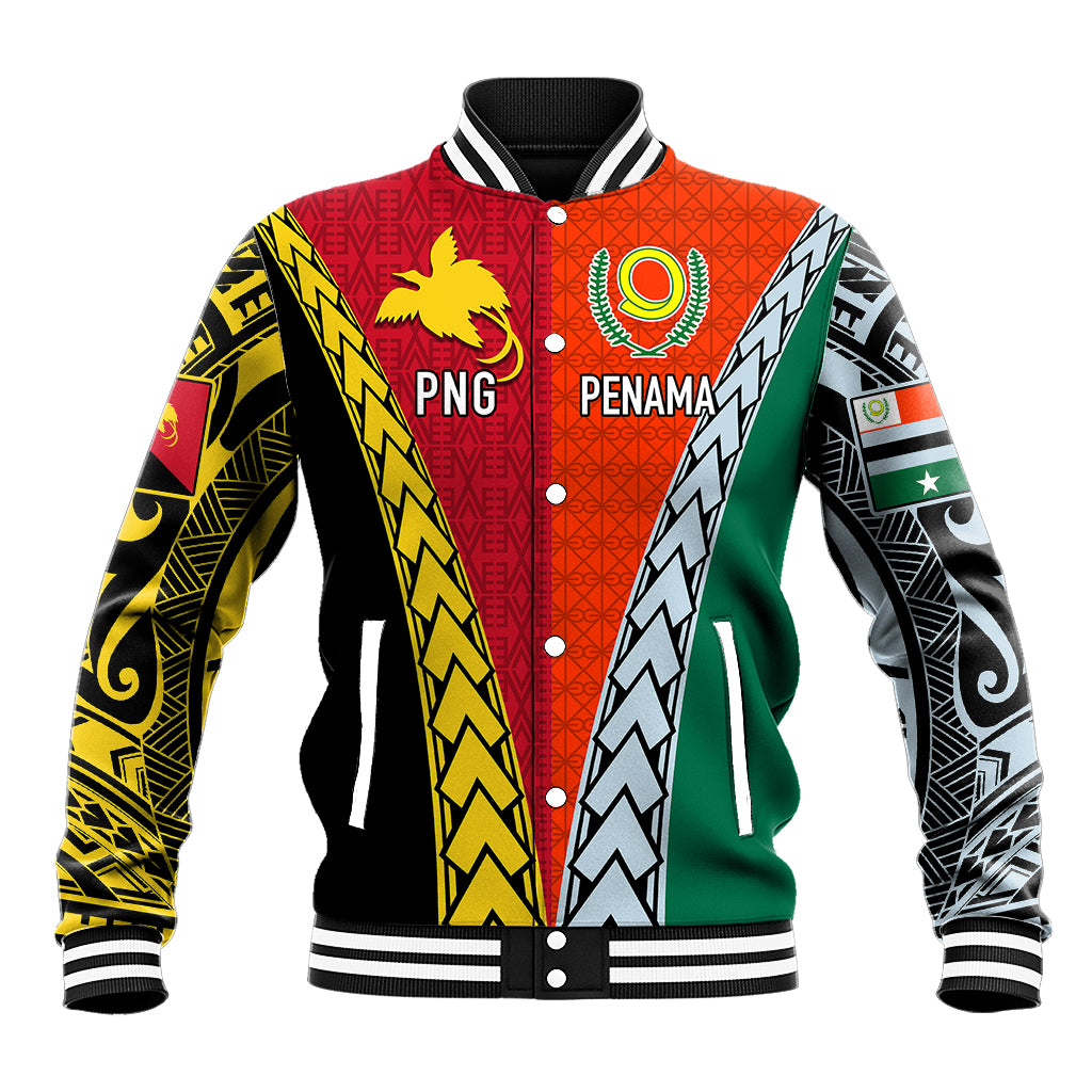 Colorful half-and-half tribal baseball jacket, orange front, green/yellow sleeves, button front