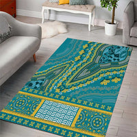 Teal dashiki area rug featuring yellow ornamental border and white geometric centerpiece
