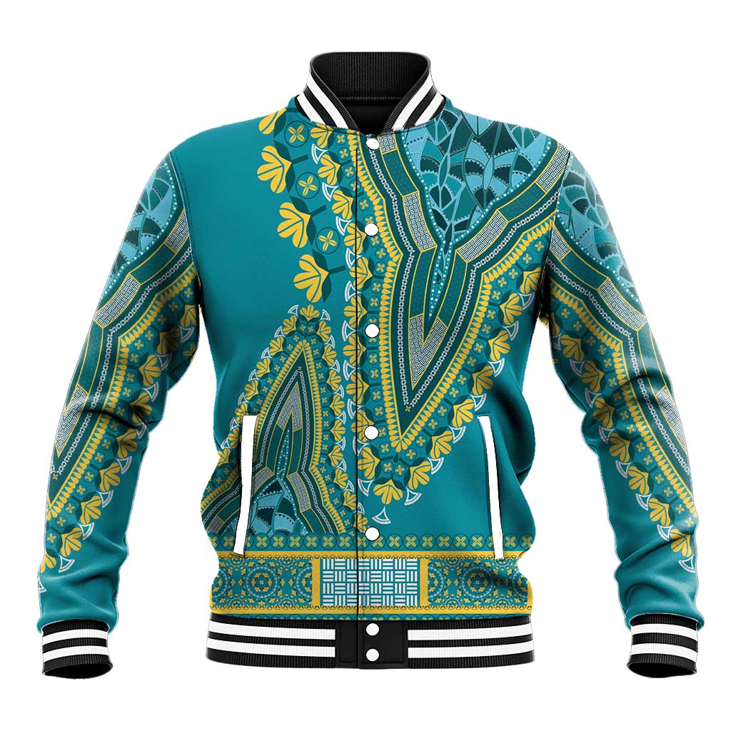 Teal dashiki-pattern baseball jacket with yellow embroidery, snap front, striped rib trim