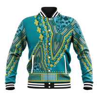 Teal dashiki-pattern baseball jacket with yellow embroidery, snap front, striped rib trim