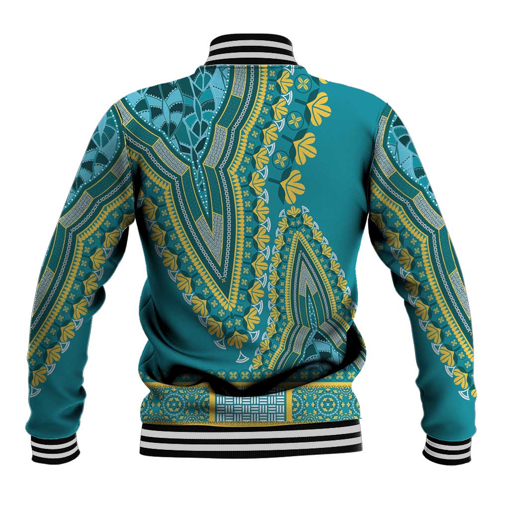 Back of teal dashiki-pattern baseball jacket with yellow botanical motifs and ribbed hem