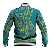 Back of teal dashiki-pattern baseball jacket with yellow botanical motifs and ribbed hem
