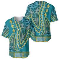 Teal dashiki baseball jersey front and side view with yellow geometric floral print