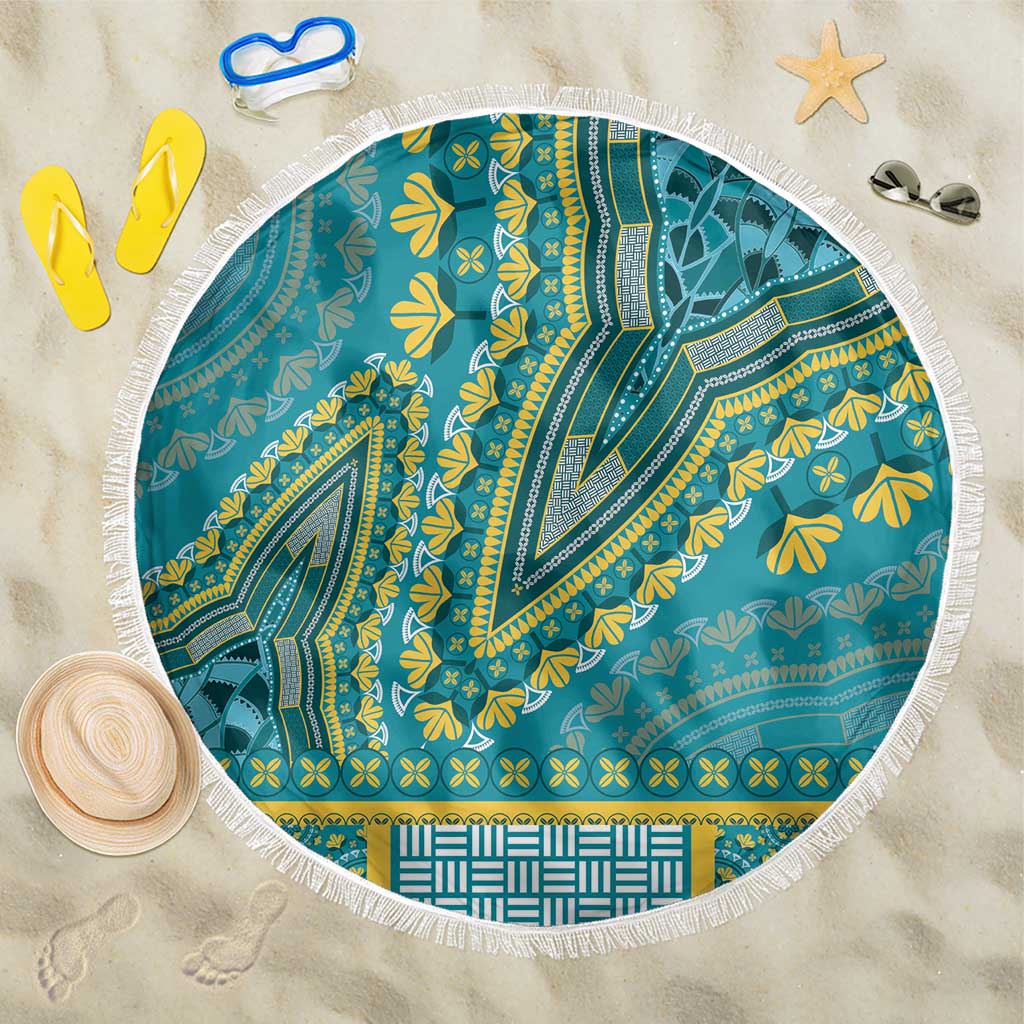 Round teal dashiki beach blanket with yellow floral geometric print and white fringe