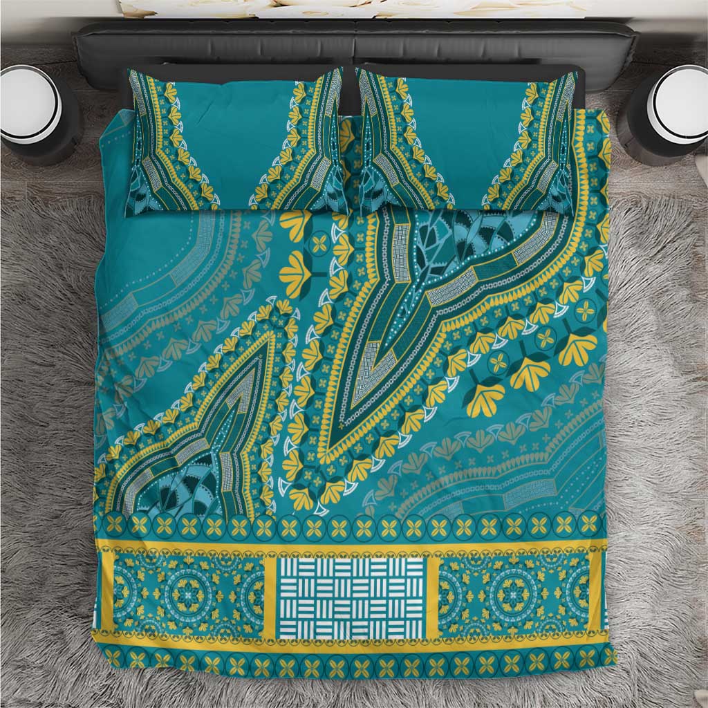 Teal dashiki-pattern duvet cover with two matching pillow shams, geometric yellow trim