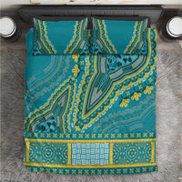 Teal dashiki-pattern duvet cover with two matching pillow shams, geometric yellow trim