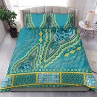 Teal dashiki duvet cover set with two pillow shams, bold blue and yellow motifs