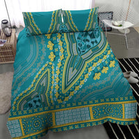 Teal dashiki-pattern duvet cover with two pillow shams, intricate blue and yellow band