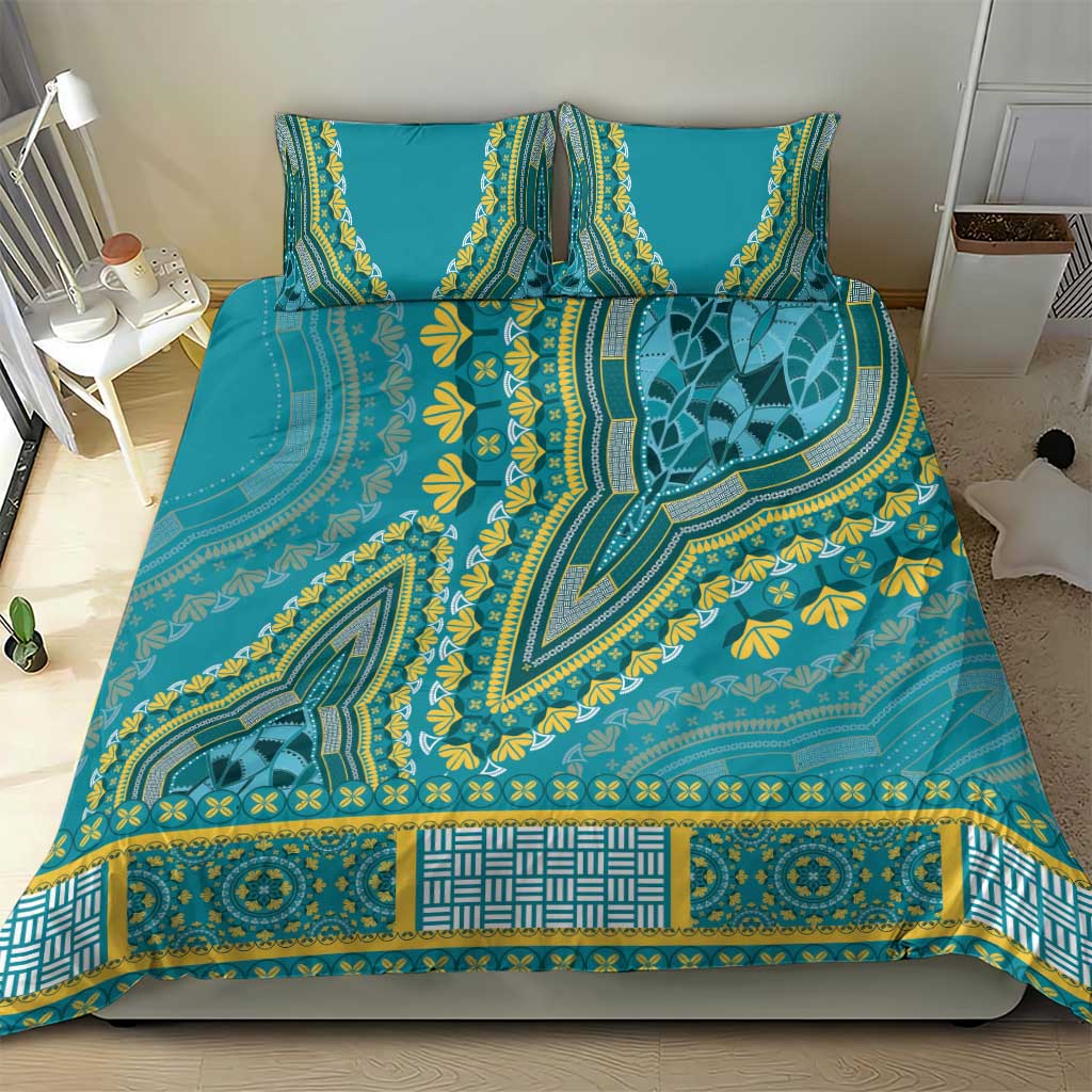Teal dashiki duvet cover with two pillow shams, ornate medallion and stripe border