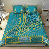 Teal dashiki duvet cover with two pillow shams, ornate medallion and stripe border