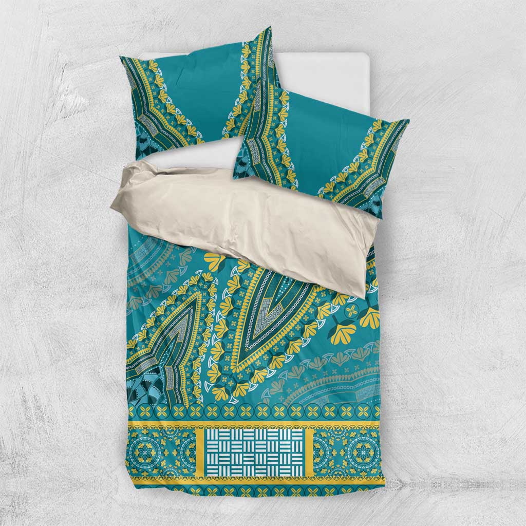 Teal dashiki bedding set: duvet cover and two pillow shams with yellow geometric trim