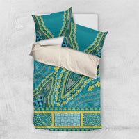 Teal dashiki bedding set: duvet cover and two pillow shams with yellow geometric trim