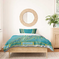 Teal dashiki duvet cover set with two pillow shams, wide patterned center panel and border