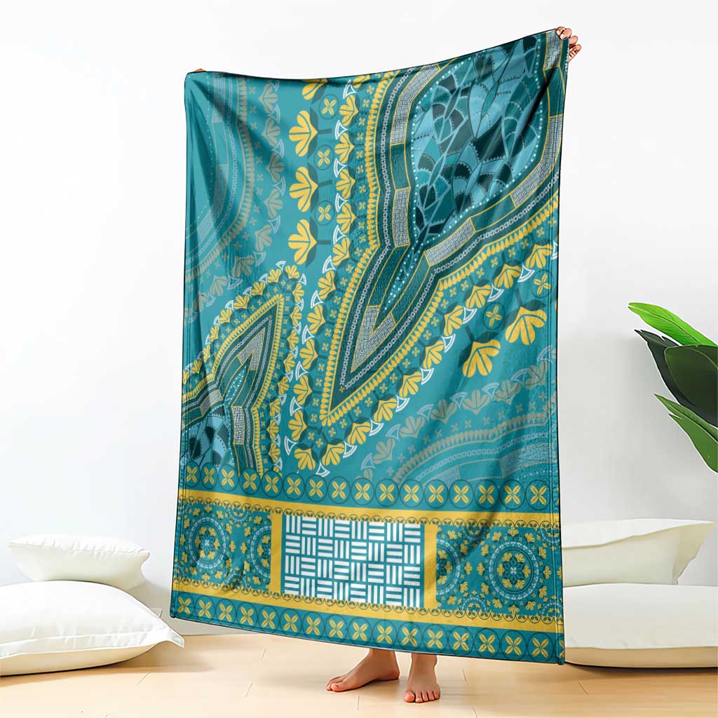 Teal decorative throw blanket with yellow dashiki motifs and central striped panel