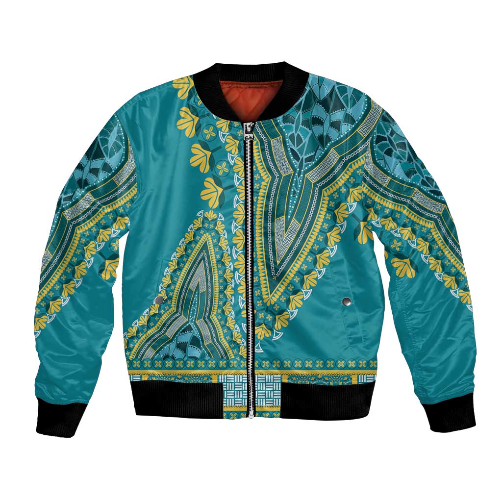 Teal dashiki bomber jacket with front zip, yellow-blue patterned yoke and ribbed cuffs