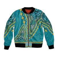 Teal dashiki bomber jacket with front zip, yellow-blue patterned yoke and ribbed cuffs