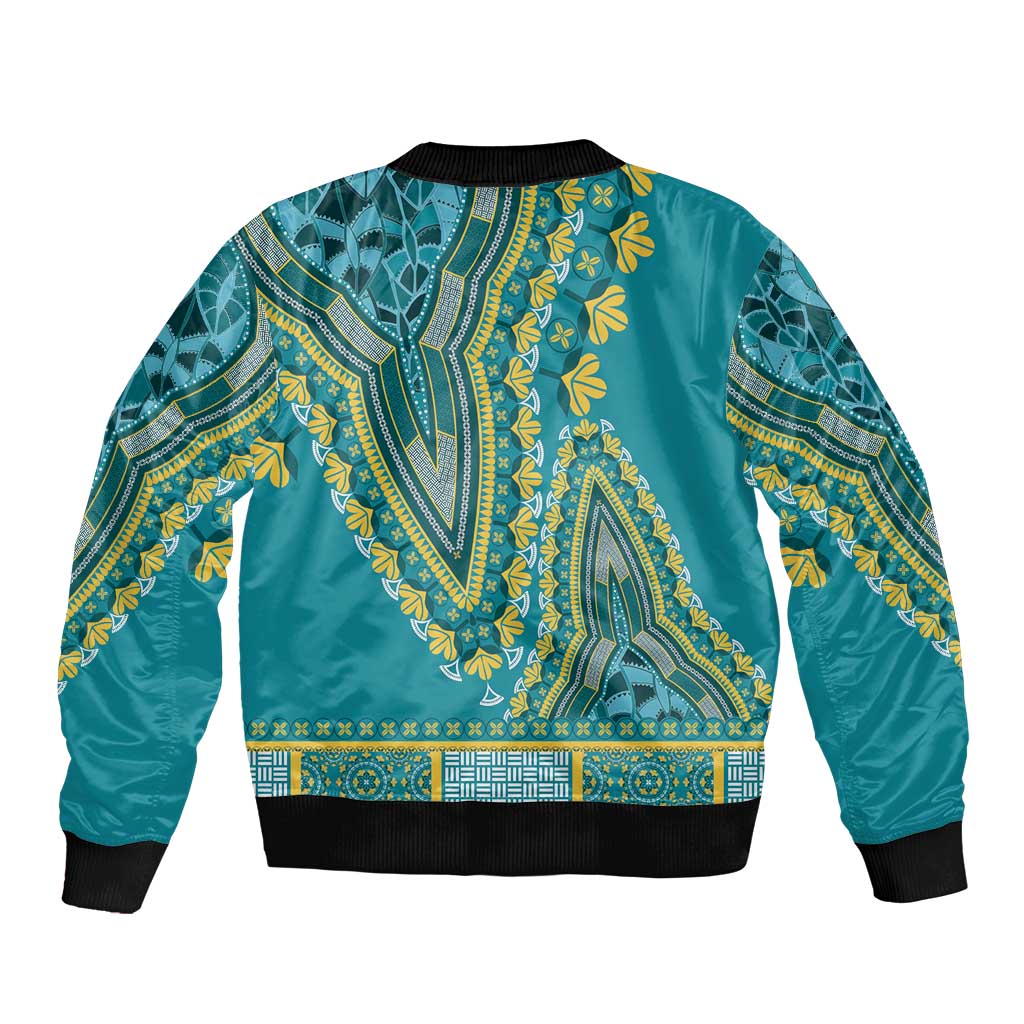 Teal dashiki bomber jacket, back graphic panel with yellow-blue motifs and ribbed hem