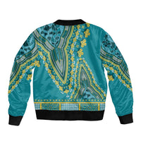 Teal dashiki bomber jacket, back graphic panel with yellow-blue motifs and ribbed hem