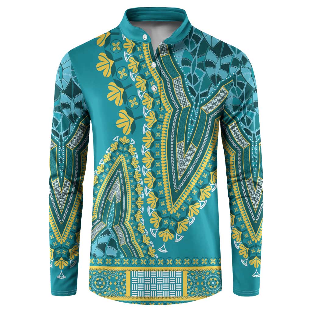 Teal dashiki button sweatshirt with yellow floral tribal print, mock-fly collar