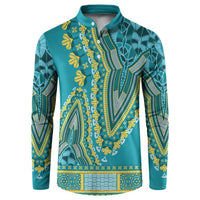 Teal dashiki button sweatshirt with yellow floral tribal print, mock-fly collar