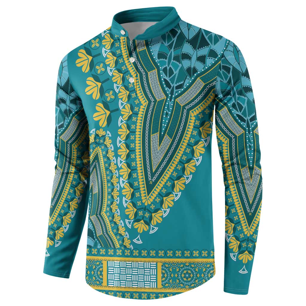 Teal dashiki button sweatshirt with long sleeves and yellow patterned front panel