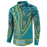 Teal dashiki button sweatshirt with long sleeves and yellow patterned front panel