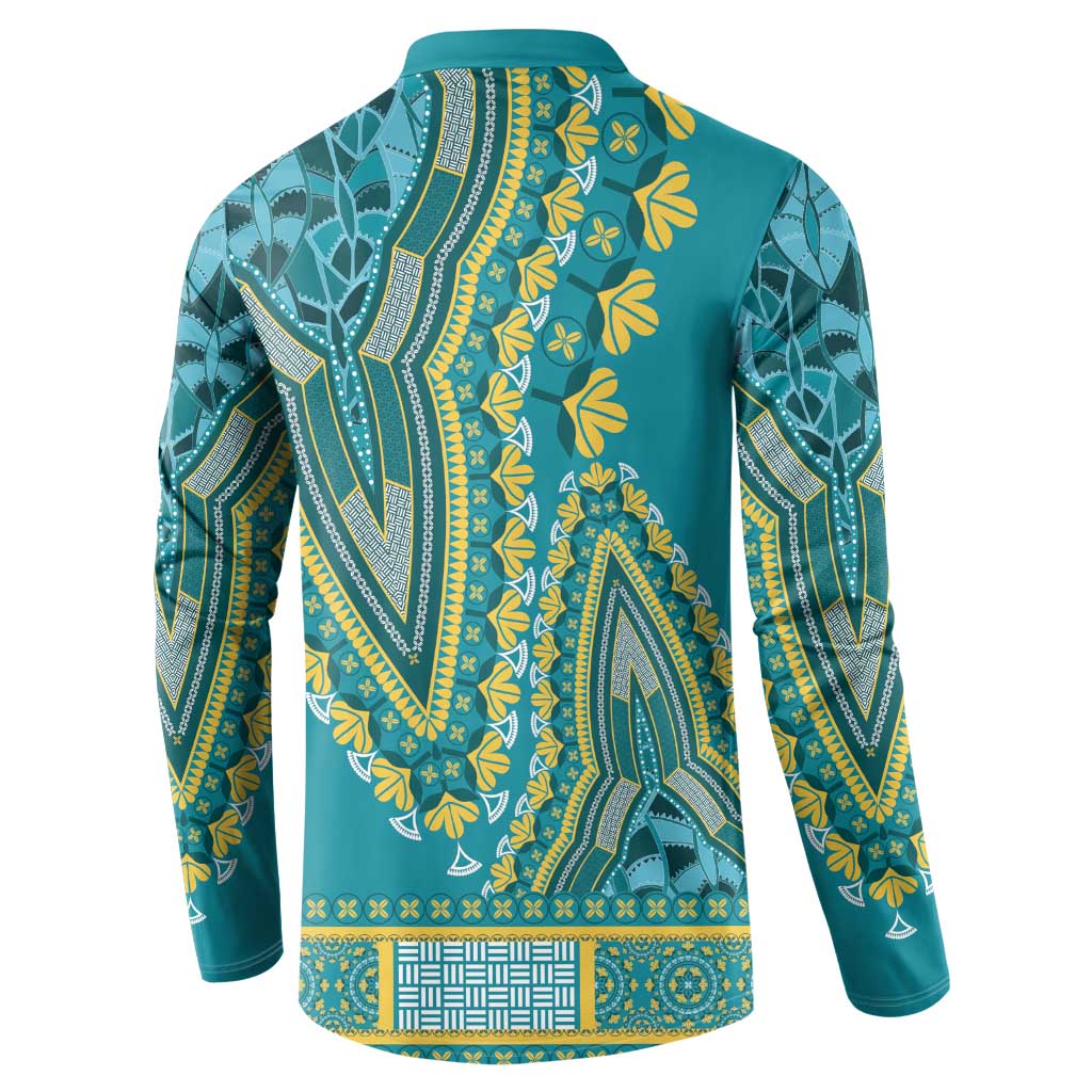 Teal dashiki button sweatshirt back with yellow and green ornate vine print