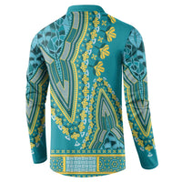 Teal dashiki button sweatshirt back with yellow and green ornate vine print