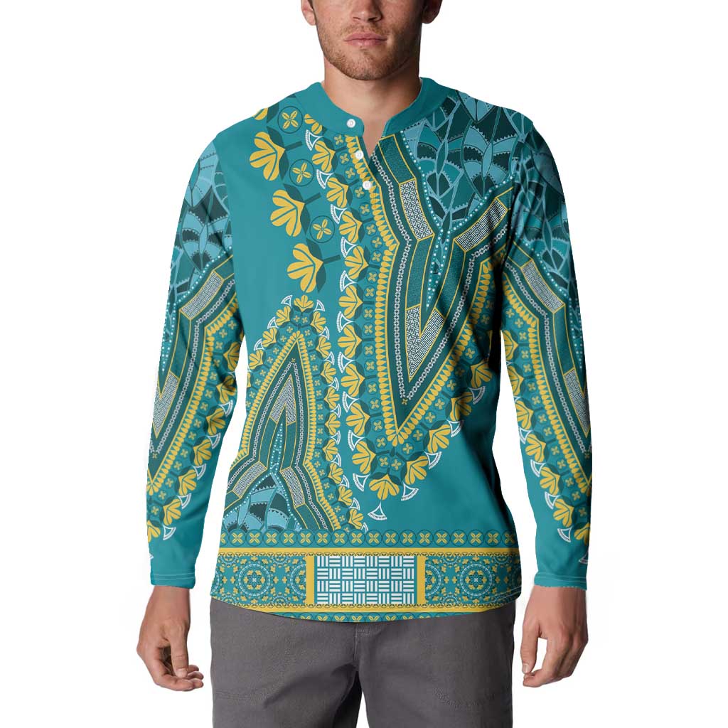 Teal dashiki button sweatshirt on model, yellow and teal geometric trim