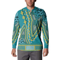 Teal dashiki button sweatshirt on model, yellow and teal geometric trim