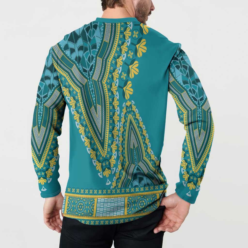 Teal dashiki button sweatshirt back view with yellow vine embroidery-style print
