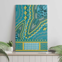 Teal dashiki canvas wall art featuring bold geometric motifs in yellow, white