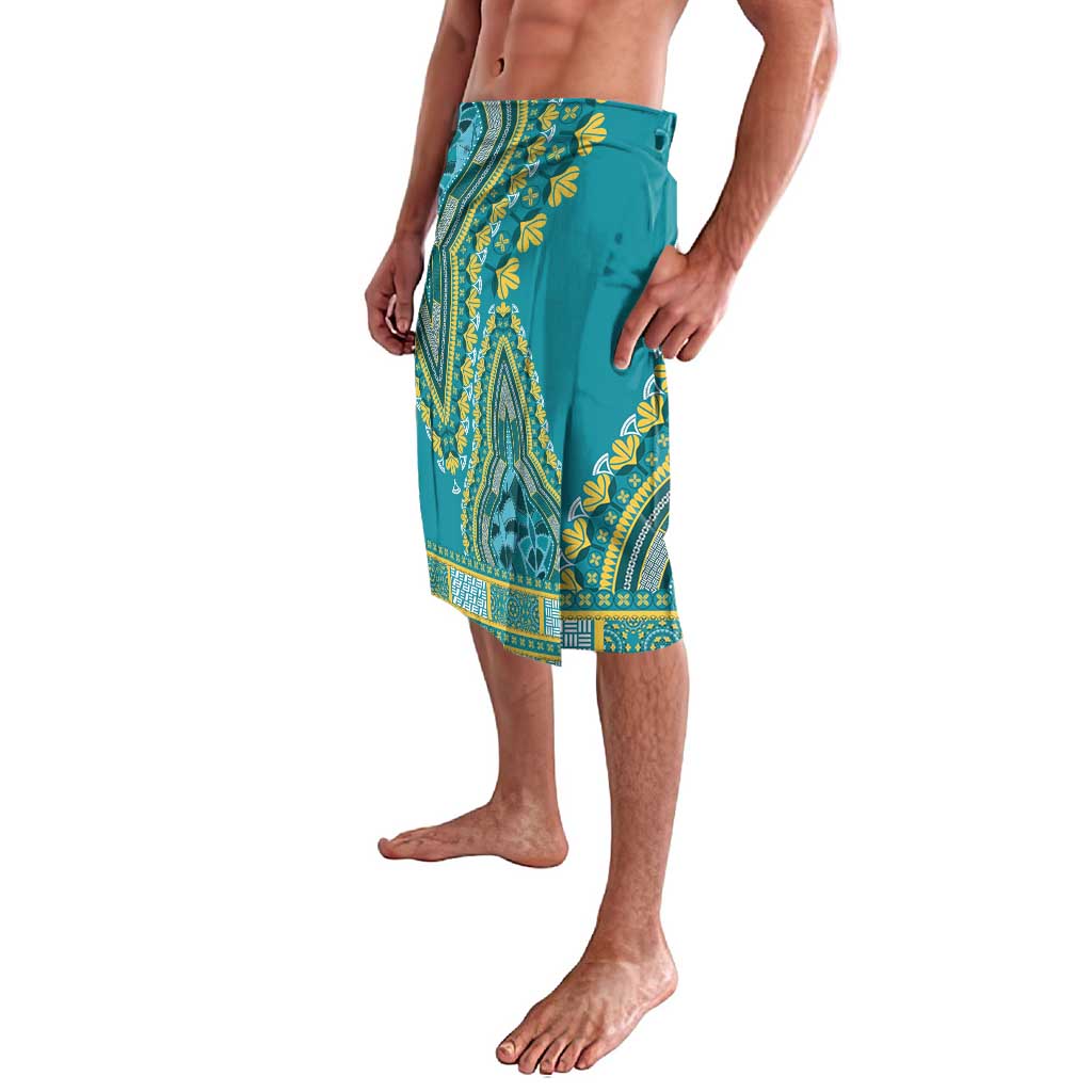 Teal dashiki-print lavalava skirt with green-yellow motif side panels