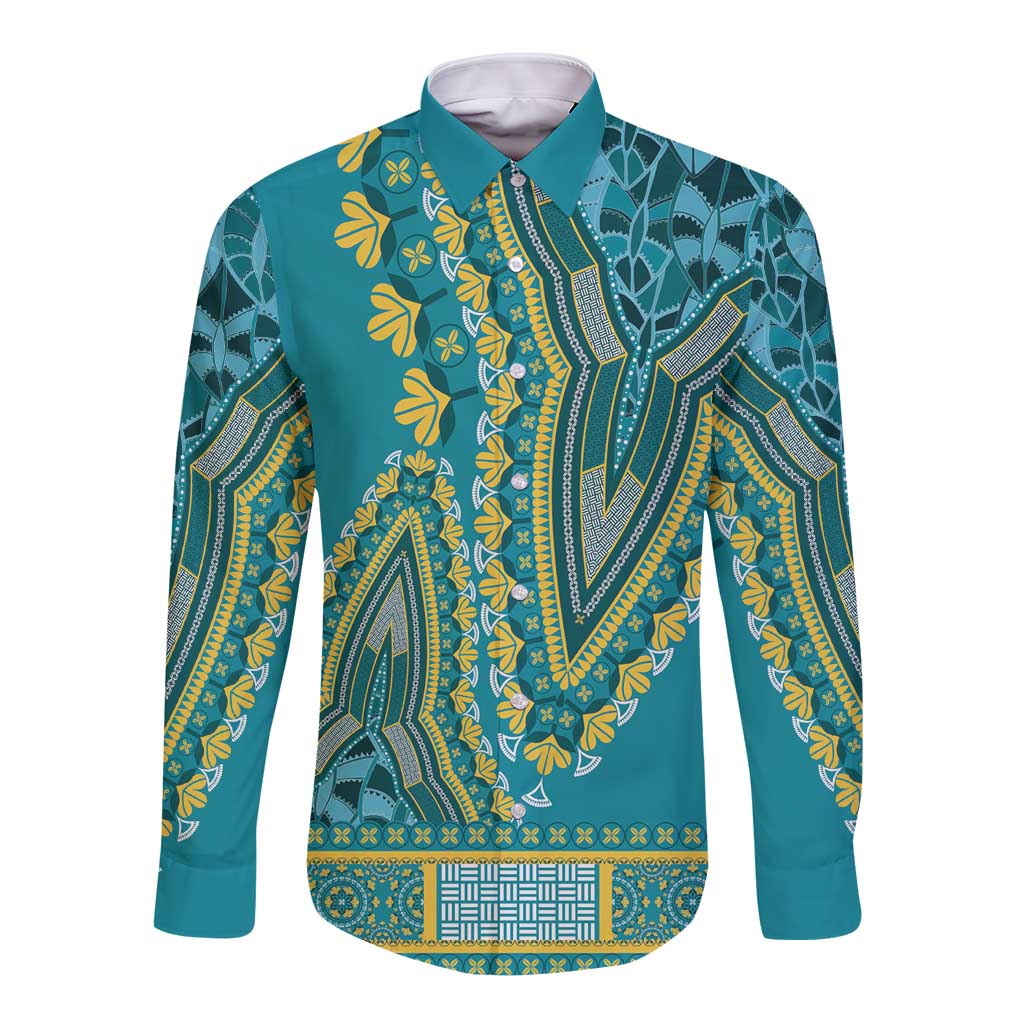 Teal dashiki long-sleeve button shirt with ornate yellow graphic pattern, front