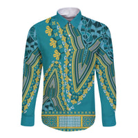 Teal dashiki long-sleeve button shirt with ornate yellow graphic pattern, front