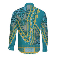 Teal dashiki long-sleeve button shirt with yellow graphic back design, rear