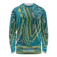 Unisex teal dashiki long-sleeve shirt with yellow botanical and geometric print