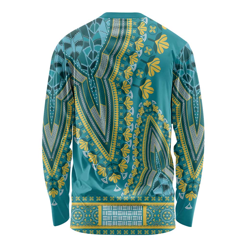 Unisex teal dashiki long-sleeve shirt back with yellow botanical and geometric print