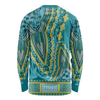 Unisex teal dashiki long-sleeve shirt back with yellow botanical and geometric print