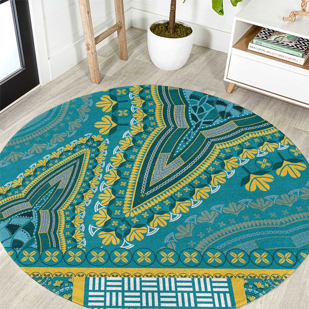 Round teal patterned carpet with yellow motifs and tribal border, circular design