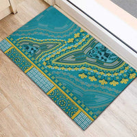 Teal dashiki-pattern rubber doormat with intricate medallion center and patterned edge