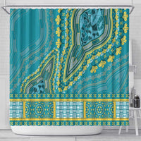Teal dashiki shower curtain with bold yellow floral accents and ornate border band