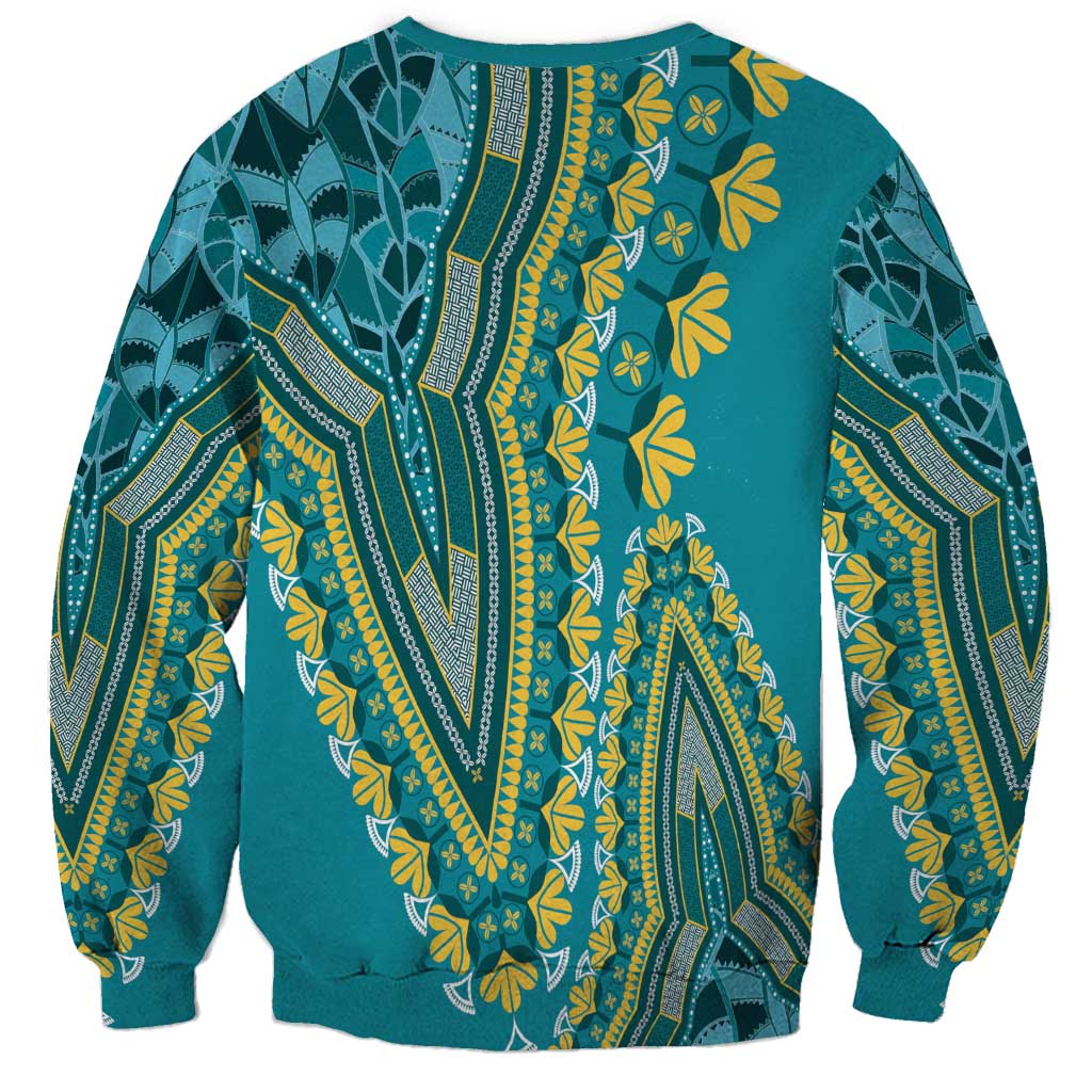 Teal crewneck sweatshirt with long sleeves and yellow dashiki-style pattern back