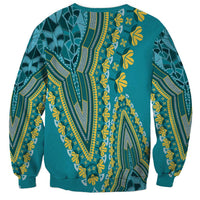 Teal crewneck sweatshirt with long sleeves and yellow dashiki-style pattern back