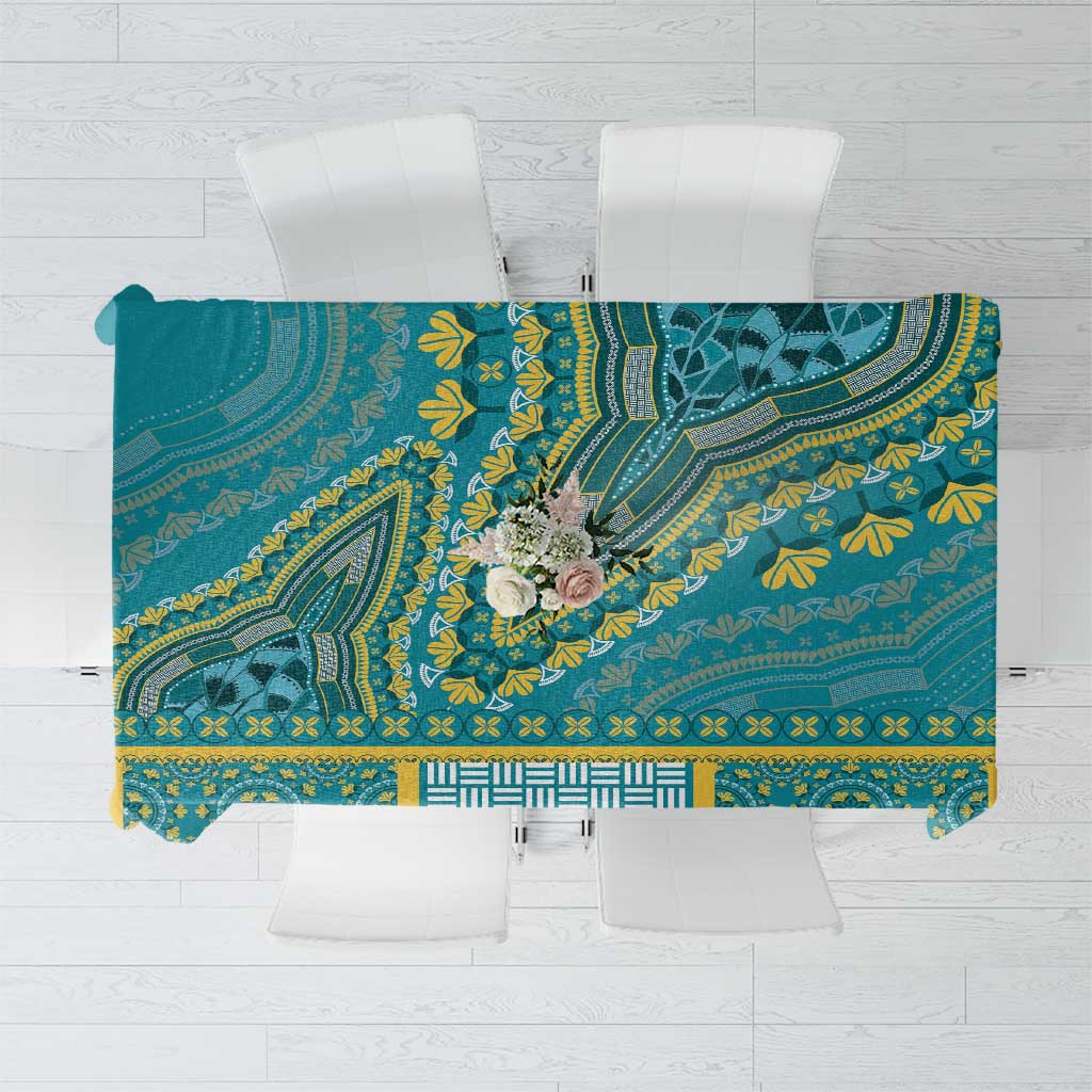 Teal African dashiki tablecloth with yellow geometric trim and floral center motif