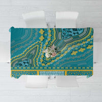 Teal African dashiki tablecloth with yellow geometric trim and floral center motif