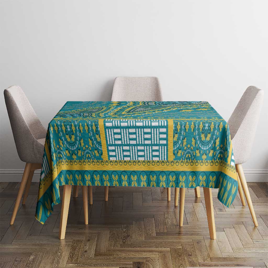 Teal dashiki tablecloth with central geometric panel and wide patterned border