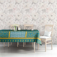 Teal African dashiki tablecloth with geometric border and central symbol panel